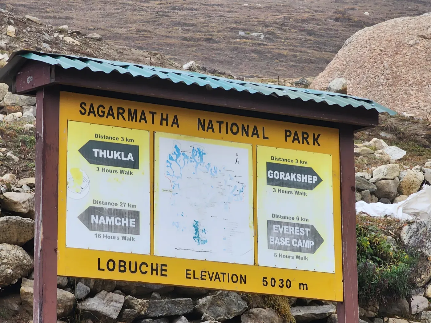 A Sagarmatha National Park signboard reading Lobuche, elevation 5,030 m, on a rocky trail.