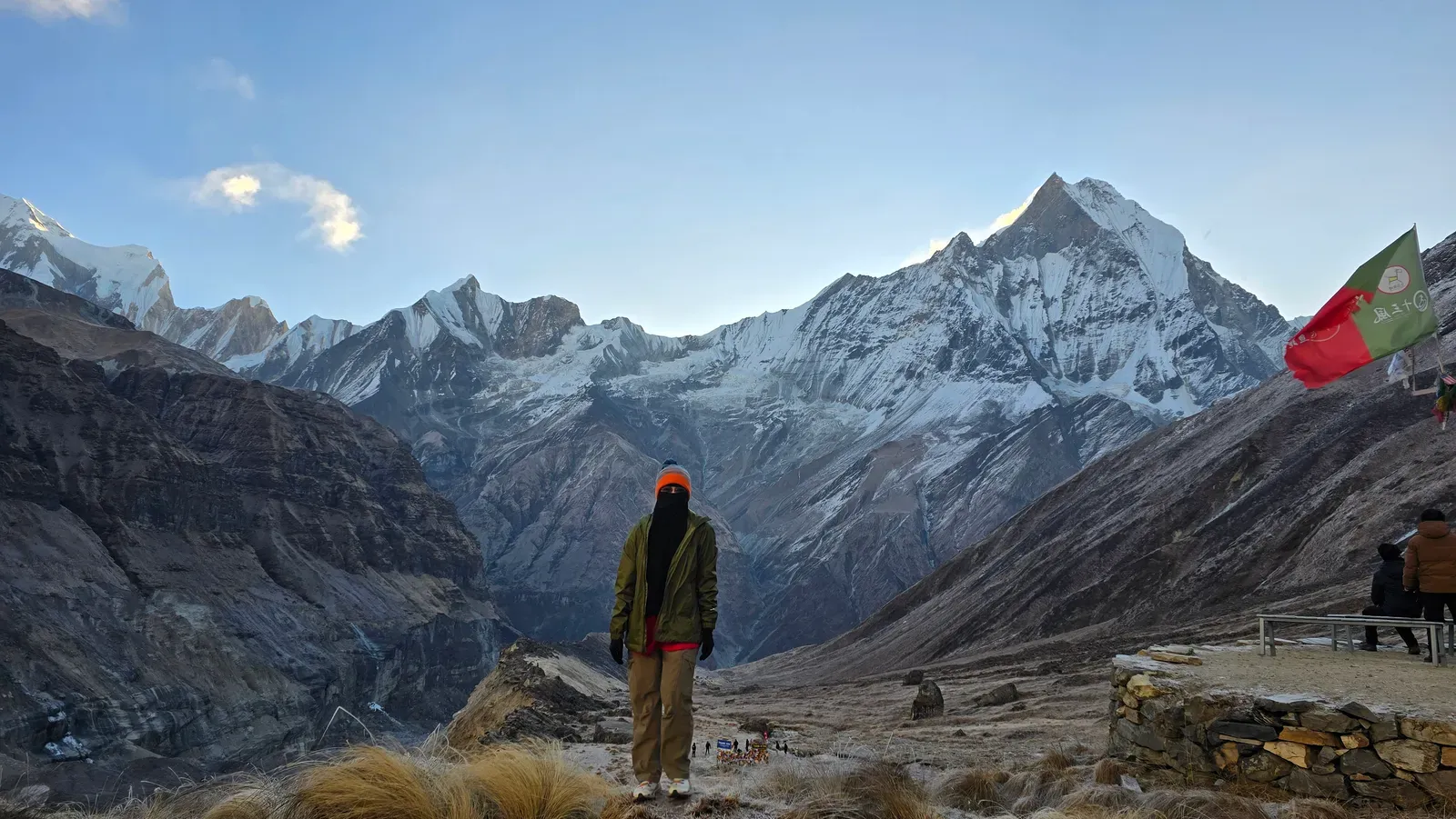 Annapurna Base Camp at dawn — the sanctuary ringed by Annapurna I and Machapuchare.