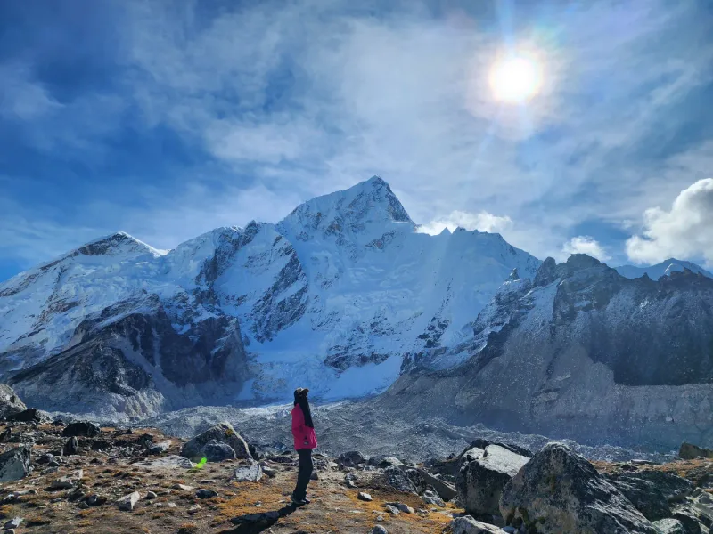 The glacial moraine and a Himalayan peak near the top of the Everest Base Camp trek
